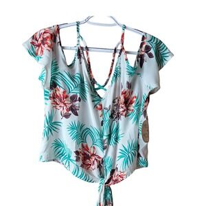 Miley + Molly Tropical Cold Shoulder Top Womens Large NWT Floral Palm Leaf Tie